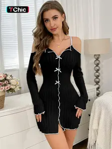 Valentine's Day Gift Women's Fall Winter Dress, Fashion Plaid Sweet Bow Sexy Slim Fit One Shoulder Long Sleeve Short Skirt Womenswear