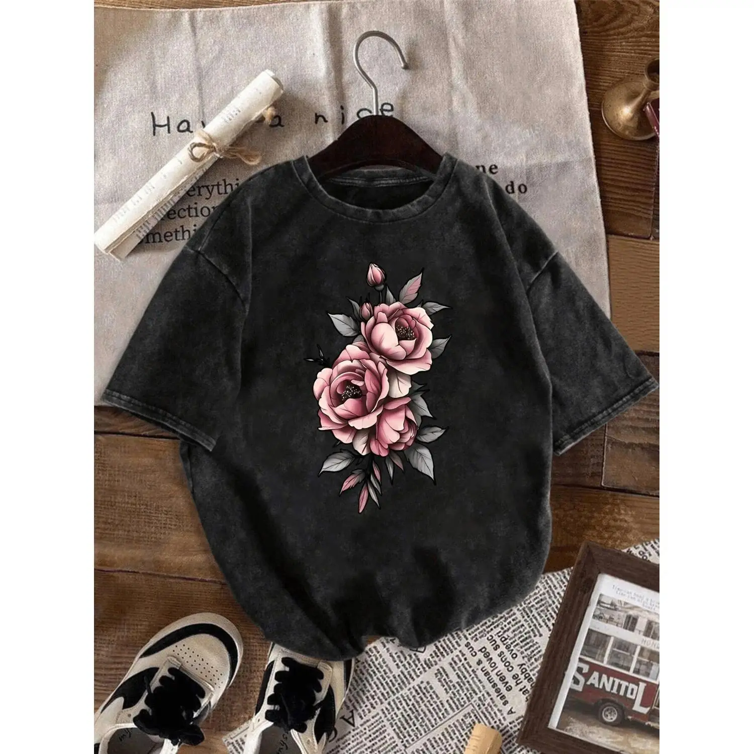 Women's Plus Size Vintage Floral Graphic T-Shirt - Washed Soft Cotton Blush Pink Loose-Fitting Short-Sleeve Normal Type Streetwear Top, Machine Washable, Raw Wash, Chic, Classic, Elegant, All Seasons Basics