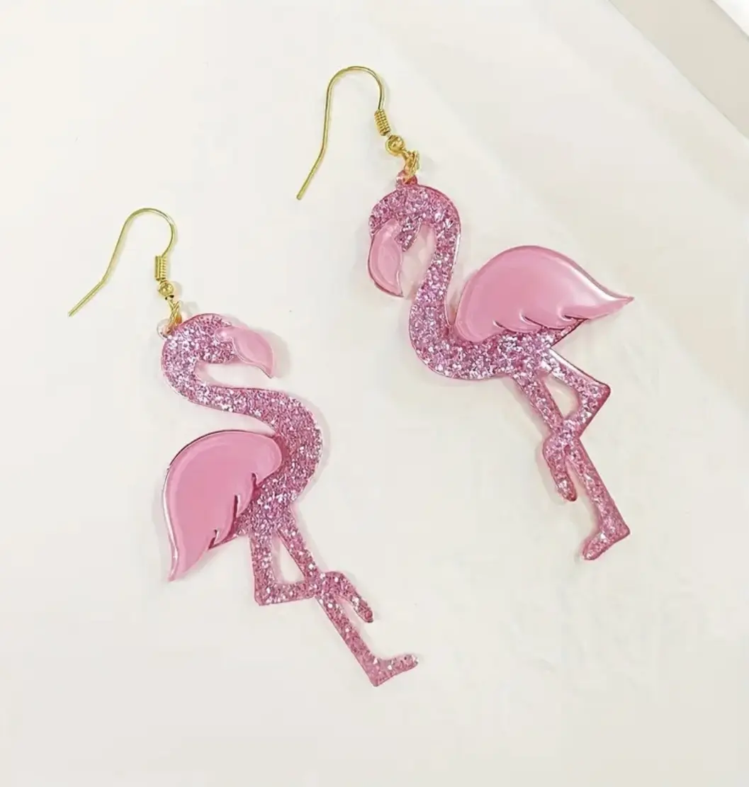Cute Bling Pink Flamingo Design Dangle Earrings Bohemian Vacation Style Resin Jewelry Adorable Gift For Women Unisex Fashion Accessory