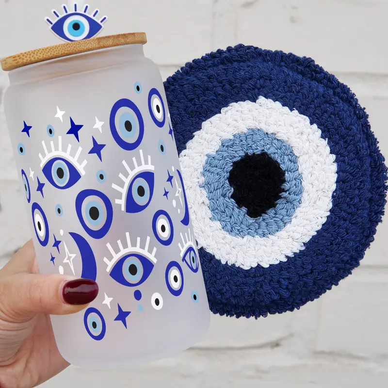 Evil Eye 40oz Glass Tumbler with Handle, Bamboo Lid & Straw, Gift for Her