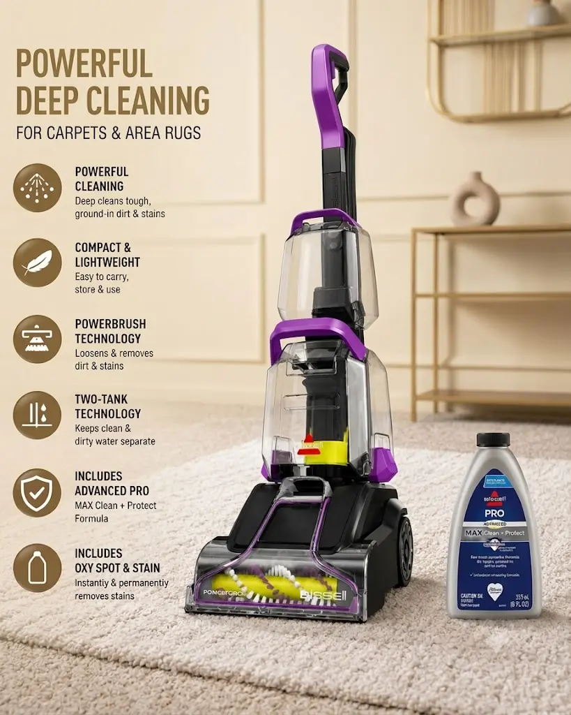 BISSELL PowerForce PowerBrush Upright Deep Cleaner, for Carpet, Compact and Lightweight, Advanced Pro Max Clean + Protect Formula Included, 3938