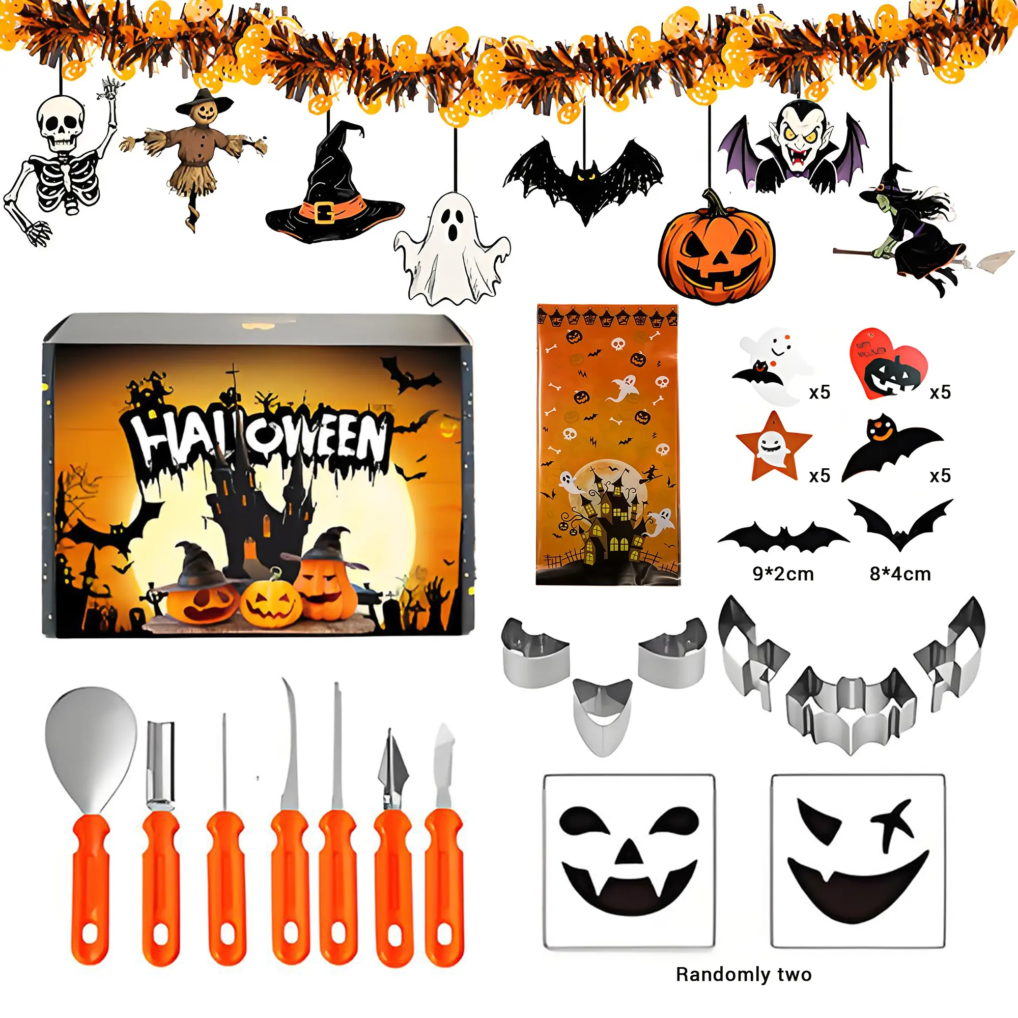 Halloween Pumpkin Carving Kit for Kids, 7 Safe Carving Tools, 2 Metal Pumpkin Stencils, LED Light, Bat Ghost Decorations & 20 Treat Bags