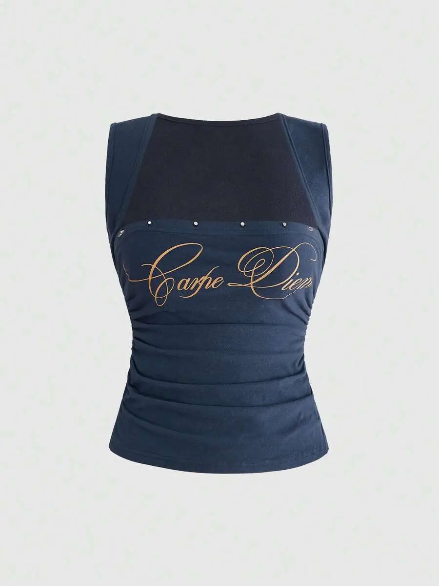 PULSE Avant Sexy Slogan Print Punk Rivet Low-Cut Bodycon Ruched Camisole