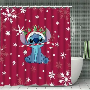 DISNEY CLASSIC Christmas Stitch Shower Curtain, bathroom Holiday Decor, Festive Cartoon Design, Cute and Colorful, Red Background, Snowflakes and Candy Cane, Perfect Gift Idea, Home Decor, New Home Gift Selection, waterproof