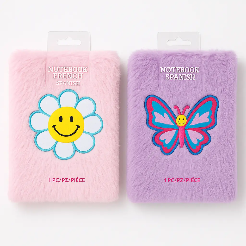 Delightful Fuzzy Notebooks - Smiley Flower & Butterfly Designs
