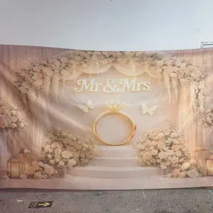 Wedding themed background fabric with gold "Mr&Ms" lettering and a giant ring pattern in the center, made of polyester material, suitable for decorating photo booths, parties, birthdays, celebrations, as well as indoor and outdoor family birthday parties