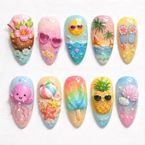 Summer Beach Press On Nails 3D Glam Rainbow Tropical Nails Ice Cream Pineapple Palm Tree Kawaii