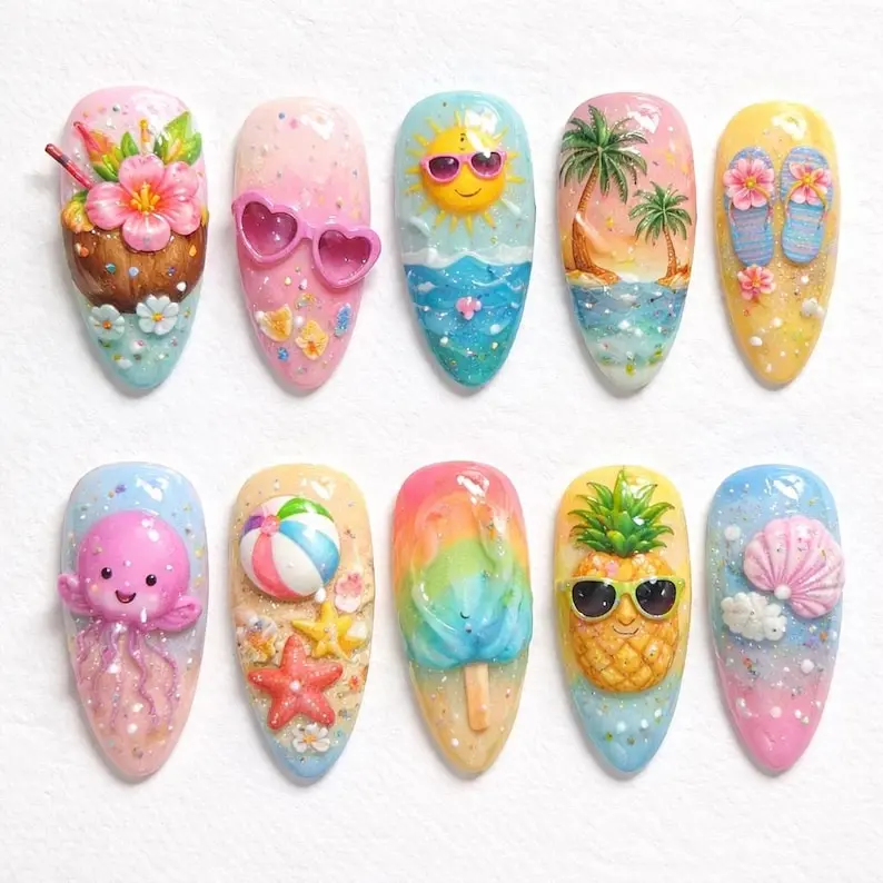 Summer Beach Press On Nails 3D Glam Rainbow Tropical Nails Ice Cream Pineapple Palm Tree Kawaii