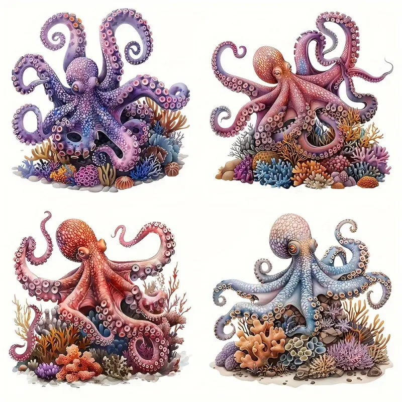4 Pcs Octopus Heat Transfer Patches DIY Clothes Multi Functional Hot Melt Appliques for T Shirts Canvas Bags Pillows