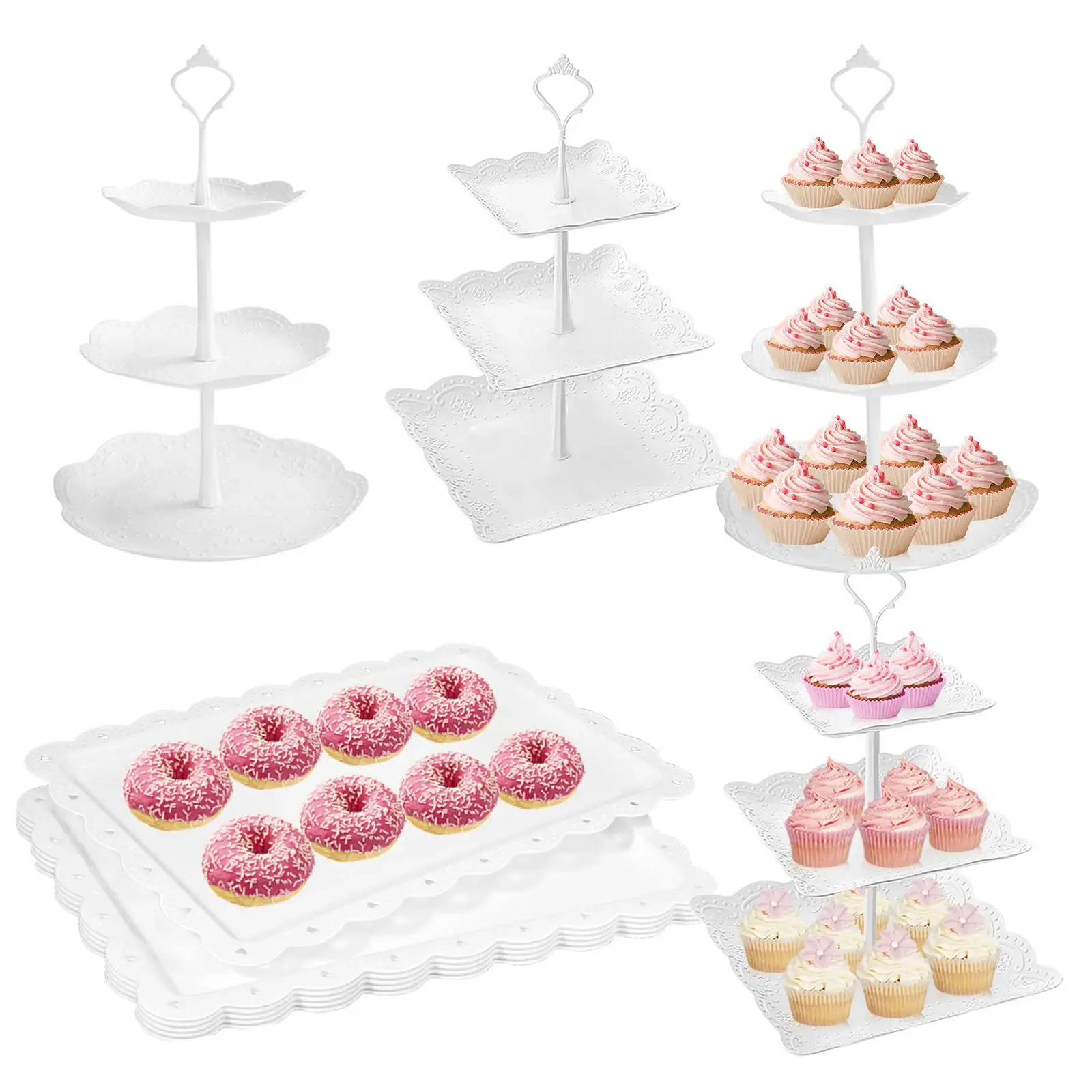 10Pcs White Plastic Dessert Table Stand Set 4Pcs 3-Tier Cupcake Display Stands 6Pcs Dessert Serving Trays Cake Display Tower for Party