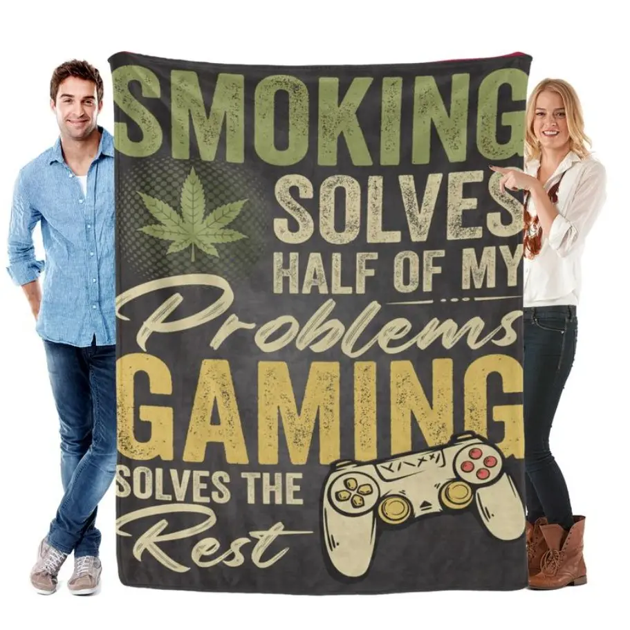 Funny Gaming & Smoking Throw Blanket – Weed Leaf Gamer Blanket with Retro Quote, Soft Cozy Fleece Blanket for Men, Gamers, Stoners, Bedroom & Couch Décor, Cool Gifts for Him
