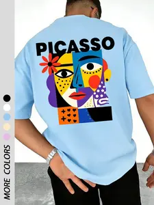 Men's Pablo Picasso Art Print Casual Round Neck Short Sleeve T-Shirt, Summer Outdoor Sports Tee, Graphic Letter Pattern, Fitted Style