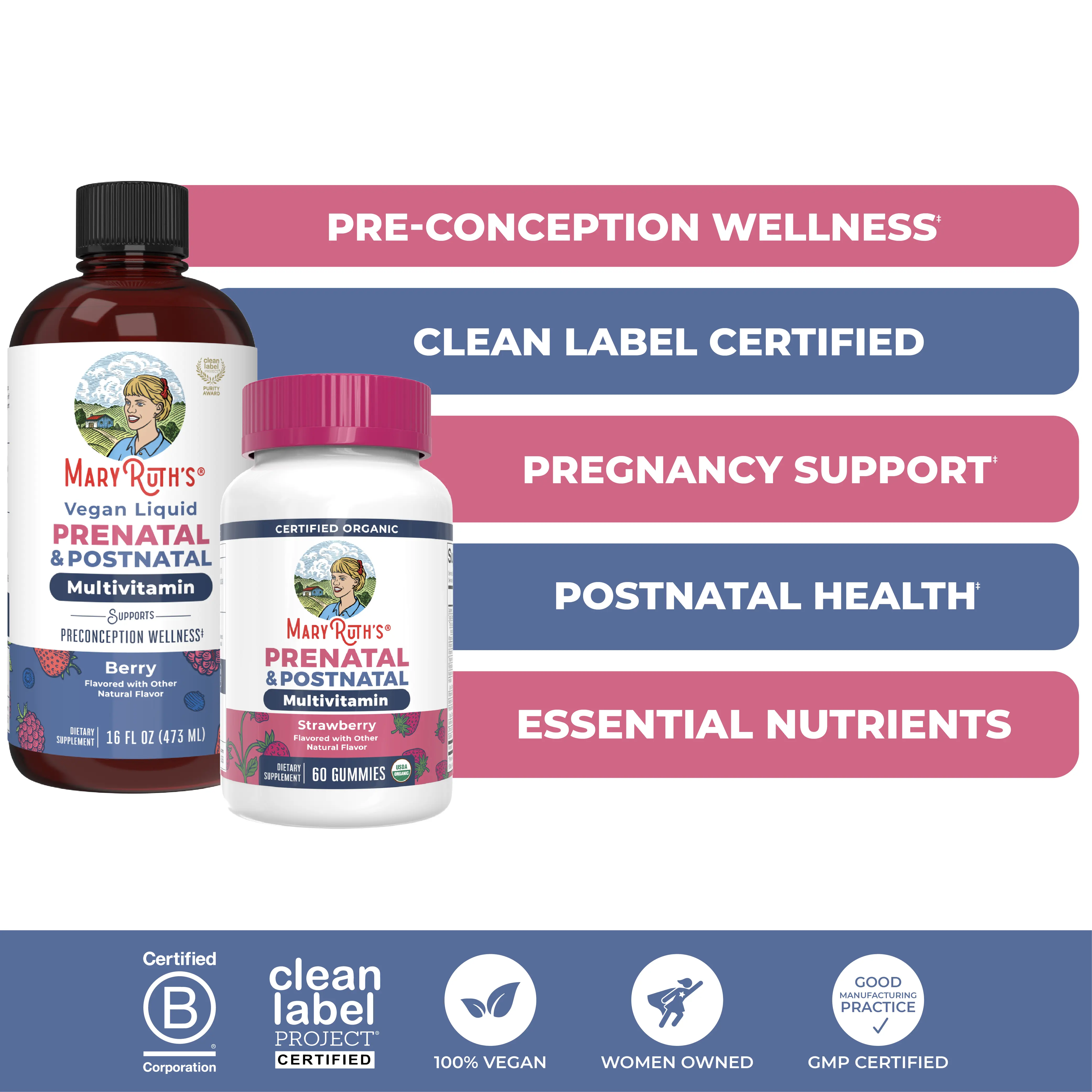MaryRuth's Prenatal & Postnatal Multivitamin Bundle – Organic Prenatal Postnatal Multivitamin Gummies 60 ct - Prenatal & Postnatal Liquid Multivitamin - Vegan - Sugar Free