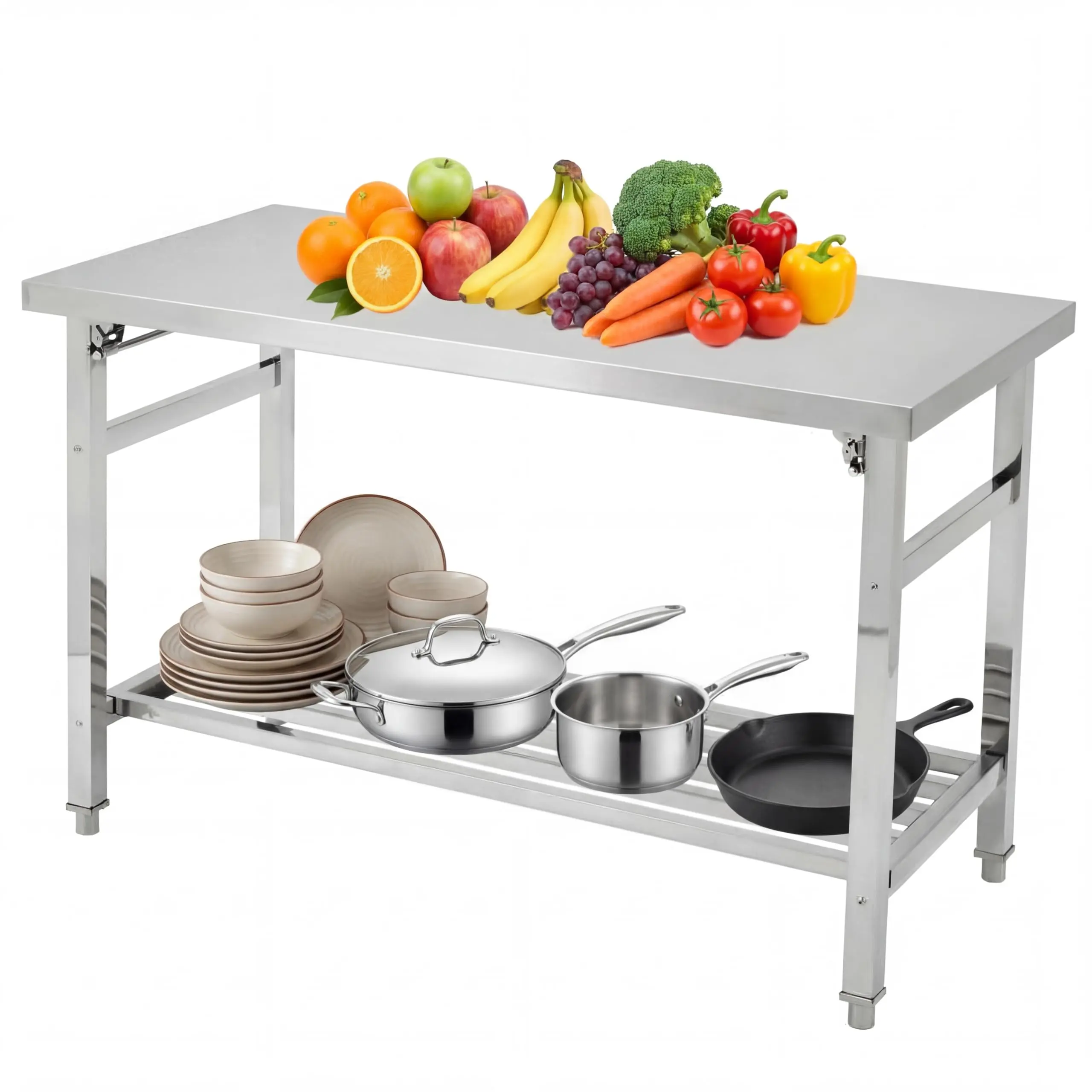 Stainless Steel Folding Table, Heavy Duty Commercial Kitchen Prep with Adjustable Under Shelf, 2 Tier Metal Worktable for Kitchen