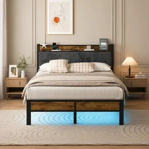 DAYAGO Upholstered Platform Bed Frame with LED Lights & Charging Station Twin/Full/Queen/King Size, Queen Bed Frame Headboard, Type C & USB Ports, Modern Bed with Metal Frame for Bedroom, No Box Spring Needed