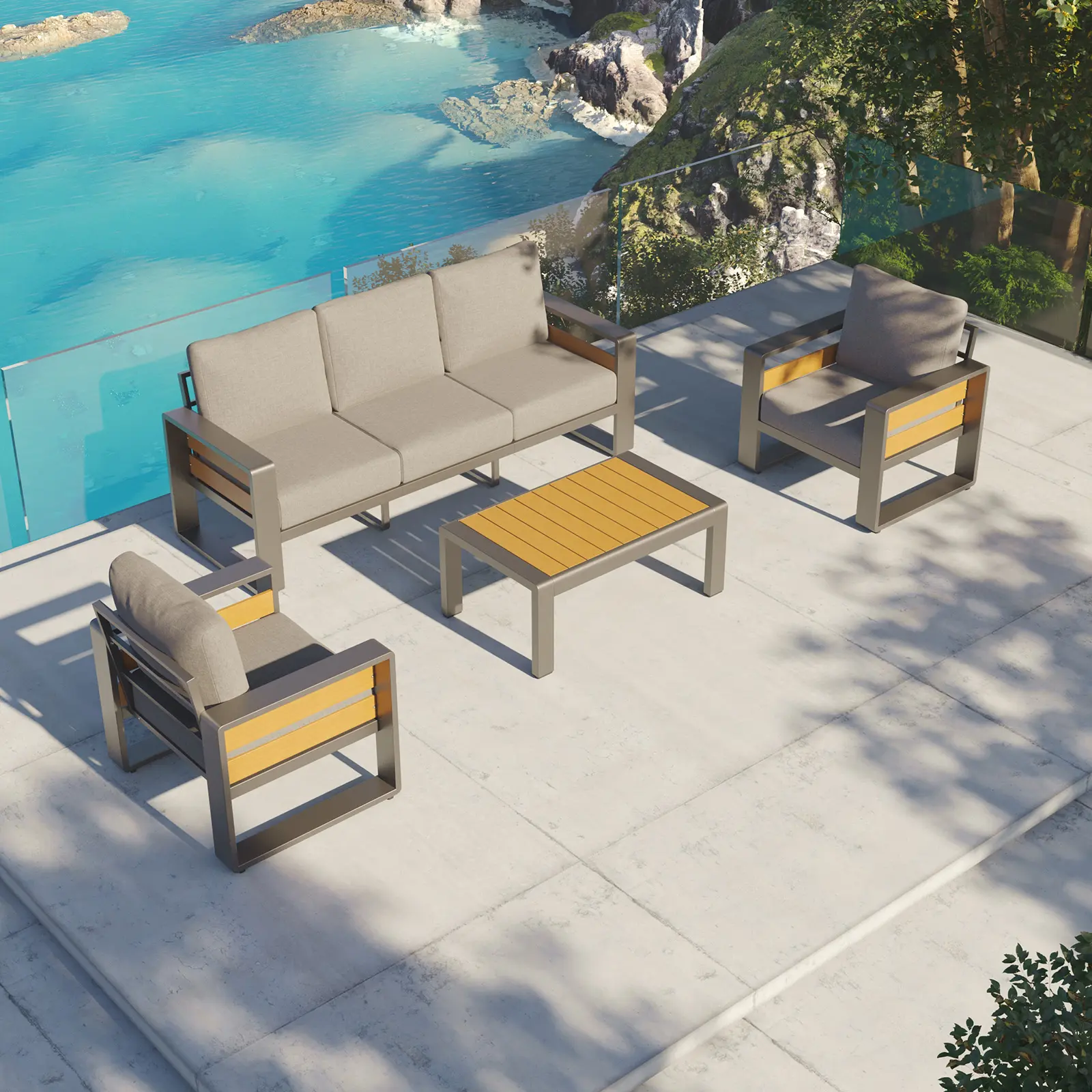 Modern 6-in Thick Cushion Aluminium Frame Patio Furniture Set, Garden Conversation Set with Coffee Table, Slate Grey Outdoor Sectional for Backyard & Poolside Lounge, Garden Conversation Sets, Patio Furniture Sets
