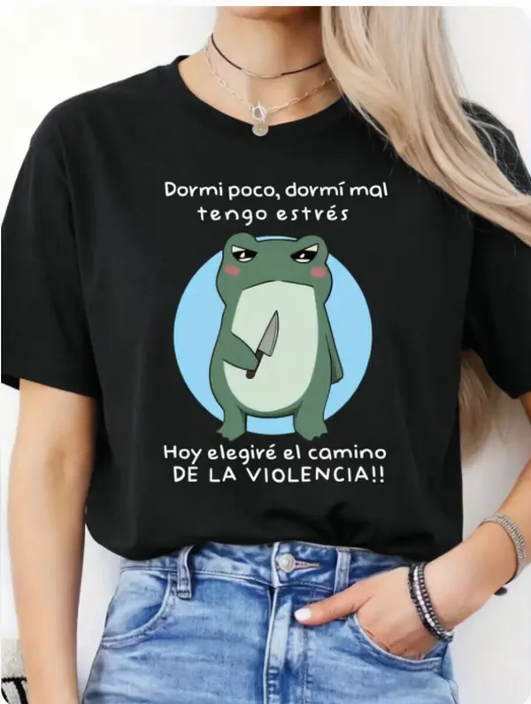Women's Comfortable Short-Sleeve Everyday T-Shirt, Sarcastic Humorous Spanish Meme Tops with Angry Frog Knife Spanish Quote Heat Transfer Print, Summer Cotton Casual Urban Street Wear