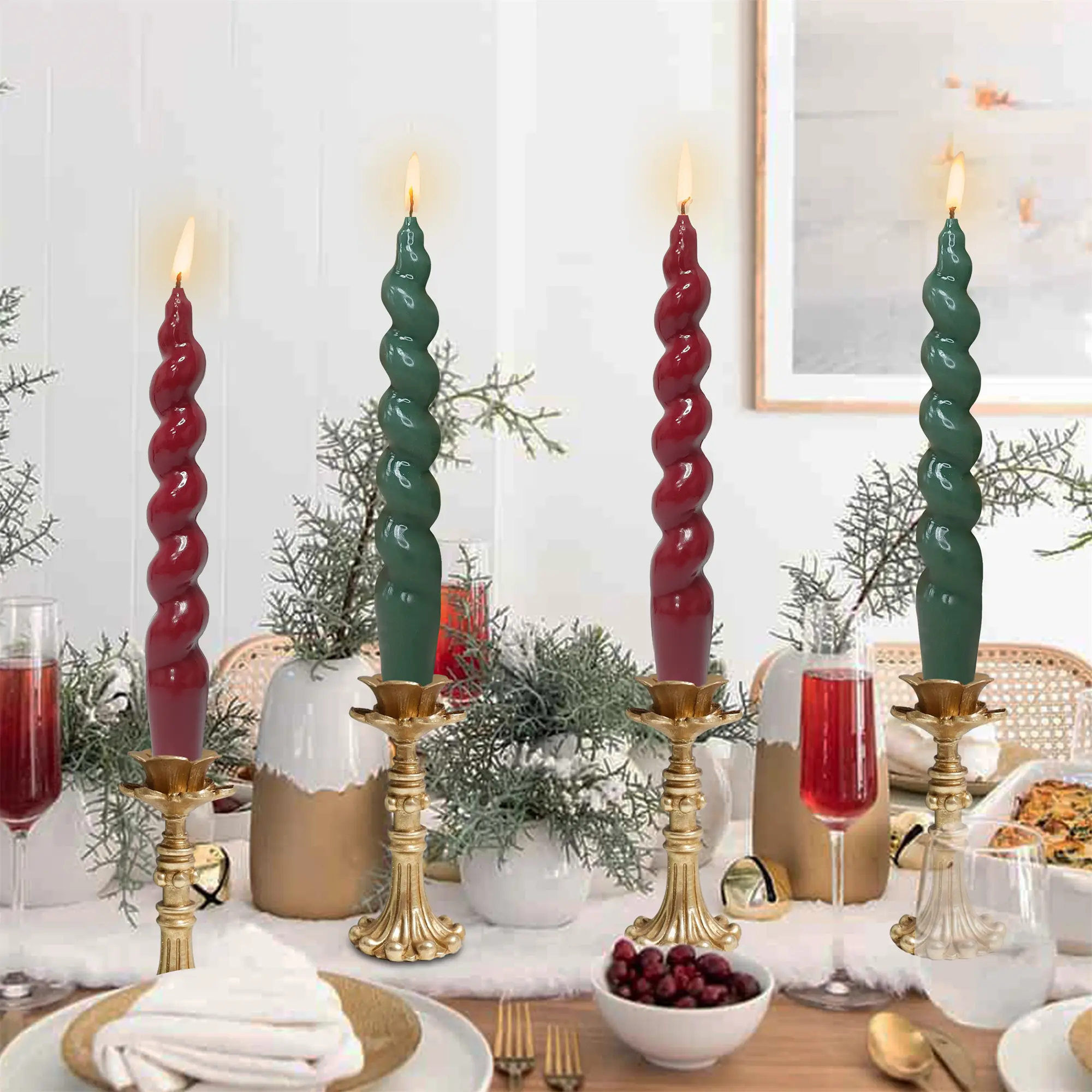 Handmade Christmas Spiral Taper Candles - Unscented Long Candles Orange Black Twisted Candles - 7.5 Inch Candle Sticks for Halloween, Christmas Wedding Dinner Decorations - Set of 6