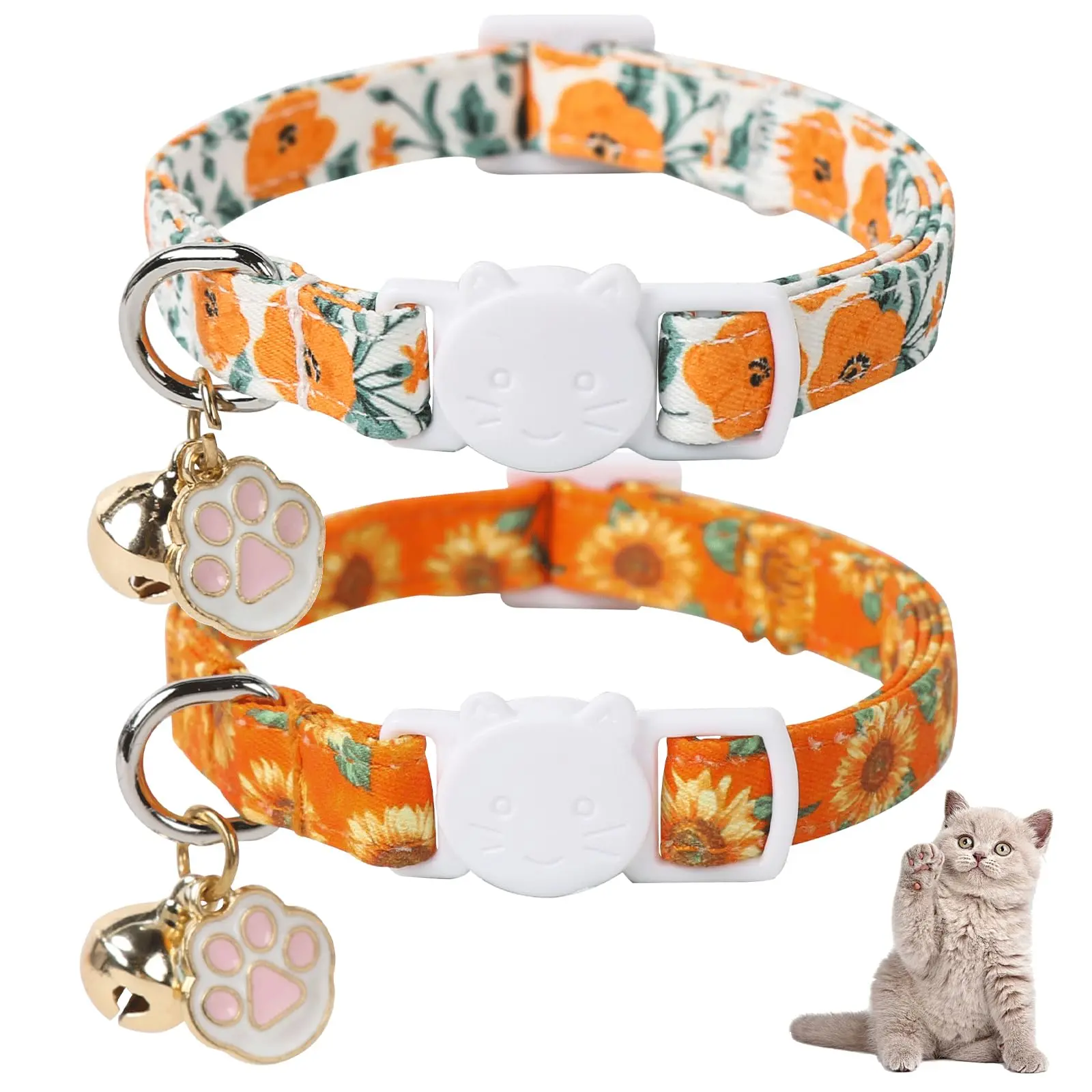 Unique Style Paws Fall Kitten Collar, 2-Pack Orange Cat Collar with Sunflower Pattern, Breakaway Safety Cat Collar with Bell, Cute Paw Pendant, Perfect Gift for Boy & Girl Cats, Essential Pet Supplies Accessories