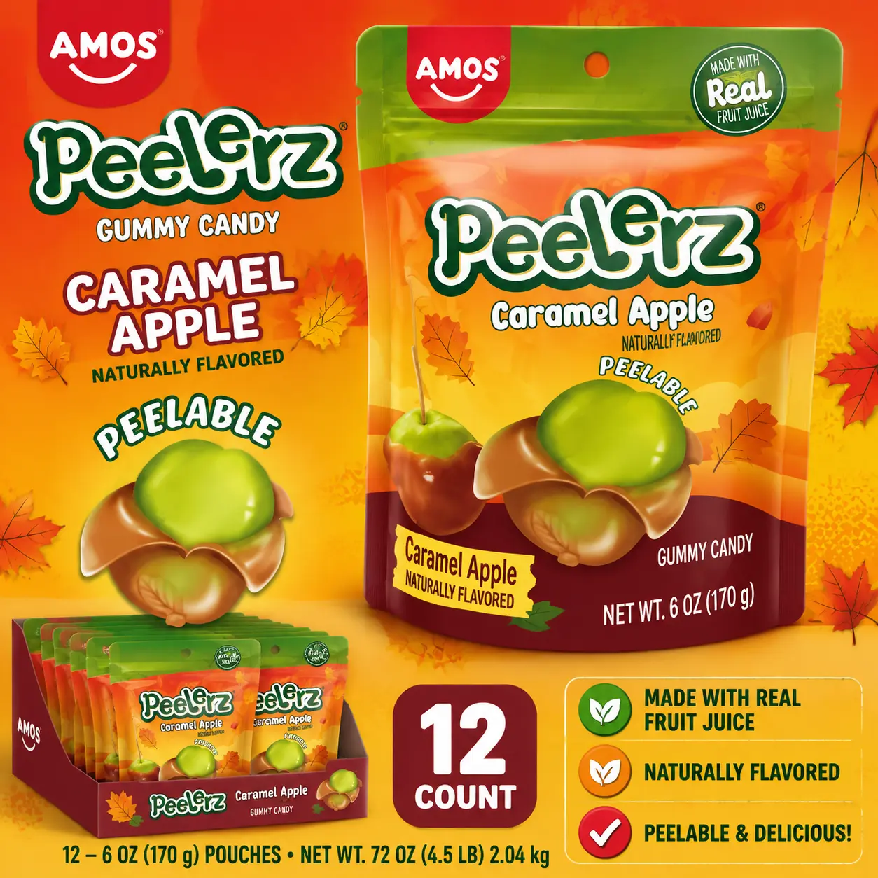 Amos Halloween Peelerz Gummy Caramel Apple 6 oz 12 Count Peelable Fall Gummy Candy