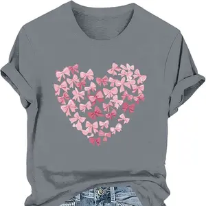 Bow Heart Print Short Sleeve T-Shirt for Women 2026 Summer Basic Loose Crewneck Going Out Graphic Tee Tops Casual Blouse