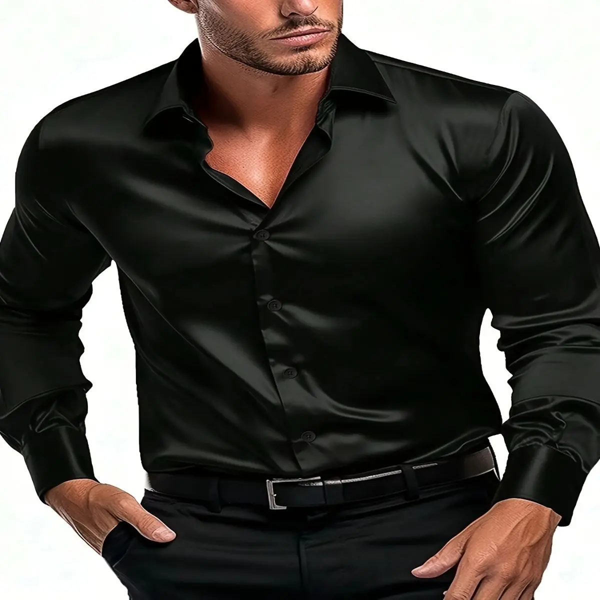 Men's Royal Blue Long Sleeve Dress Shirt - Smooth Polyester Fabric, Classic Collar & Button-Up Design, Perfect for Casual or Formal Occasions, Versatile | Buttonup Luxury Fabric