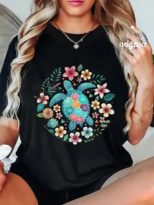 100% Cotton Sea Turtle Floral Boho Flower Summer Beach Vacation Women T-Shirt