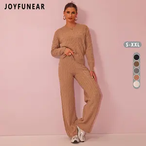[US shipping]Joyfunear Women's Cable-Knit Loungewear Set - Crew Neck Sweater & Wide-Leg Pants for Everyday Comfort and Style
