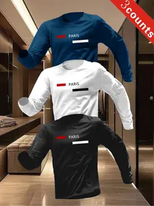 Men's 3-Piece Knit Paris Letter Print Round Neck Long Sleeve T-Shirt, Fitted Casual Fashion, Soft Handfeel, Comfortable Streetwear