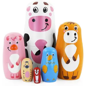 Set of 6 Farm Animal Nesting Dolls Cow Cattle Pig Chick Horse Bird Wooden Russian Matryoshka Stacking Toy Gift for Kids Easter Christmas Birthday Home Decoration