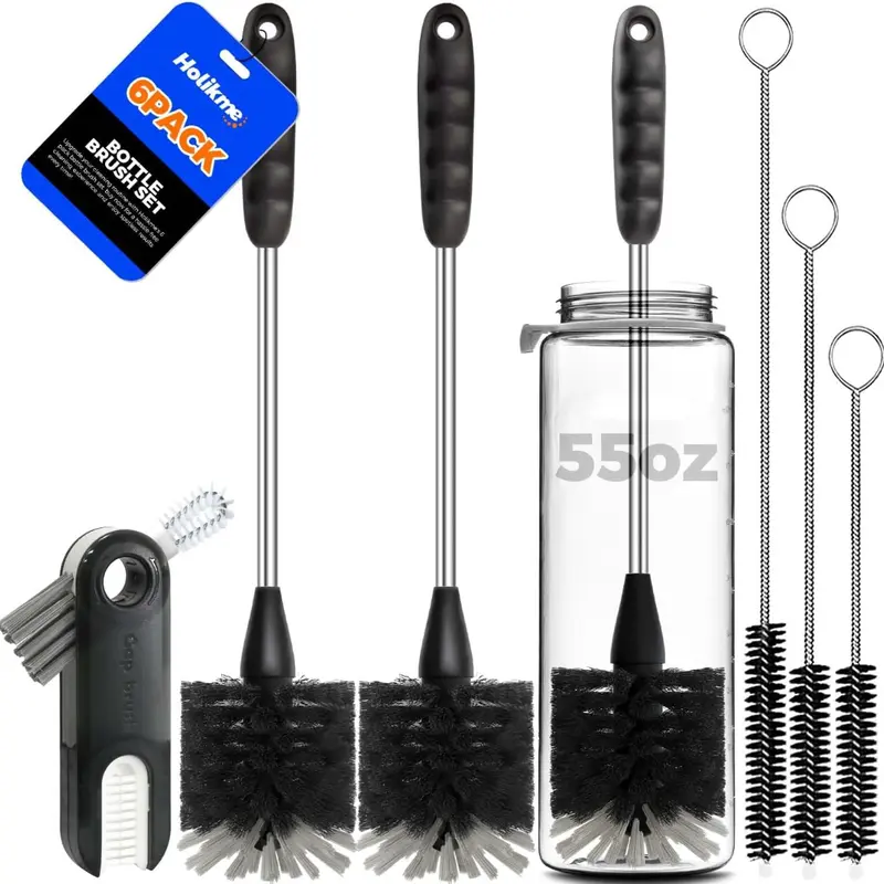 6 Pack Bottle Brush Set, 14" Long Handle Stainless Steel Bottle Cleaner Brush, 3 Straw Brushes, 3-in-1 Bottle Cleaning Brush for Water Bottle, Antistatic Lab Brushes, Straws Black