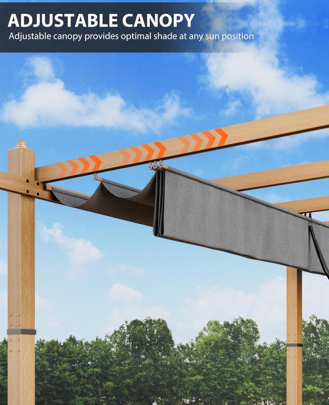 GARVEE 10x13Ft Outdoor Wood Grain Aluminum Pergola with Retractable Gray Canopy –Industrial Strength,UV Protection & Waterproof,Ideal for Patio, Garden, Backyard