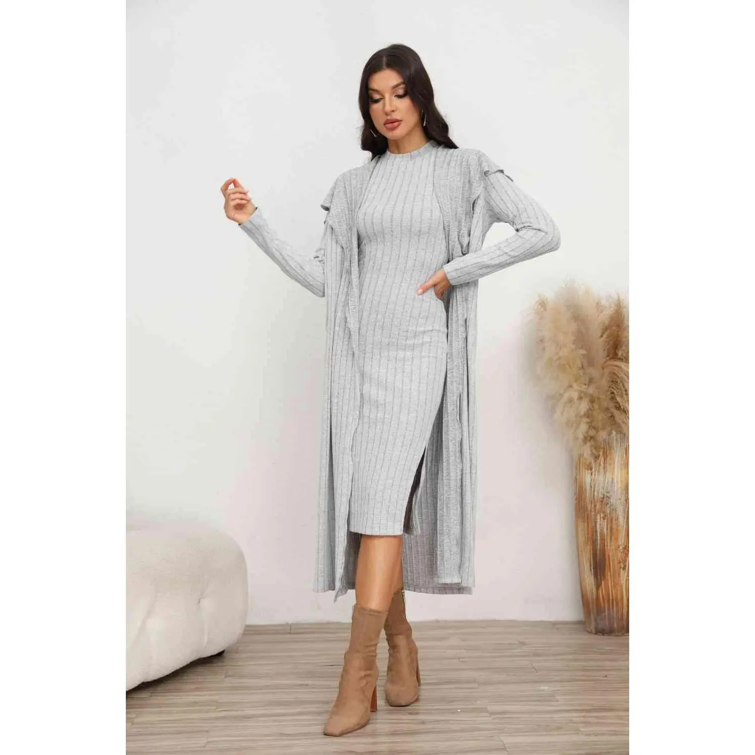 Slit Dress and Longline Cardigan Set
