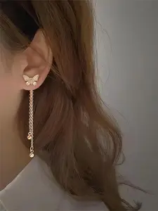 1 Pair Fashion Elegant Rhinestone Decorated Butterfly Design Tassel Dangle Earrings, Casual Jewelry for Party, Daily Clothing Decor, Bling Stylish Accessory