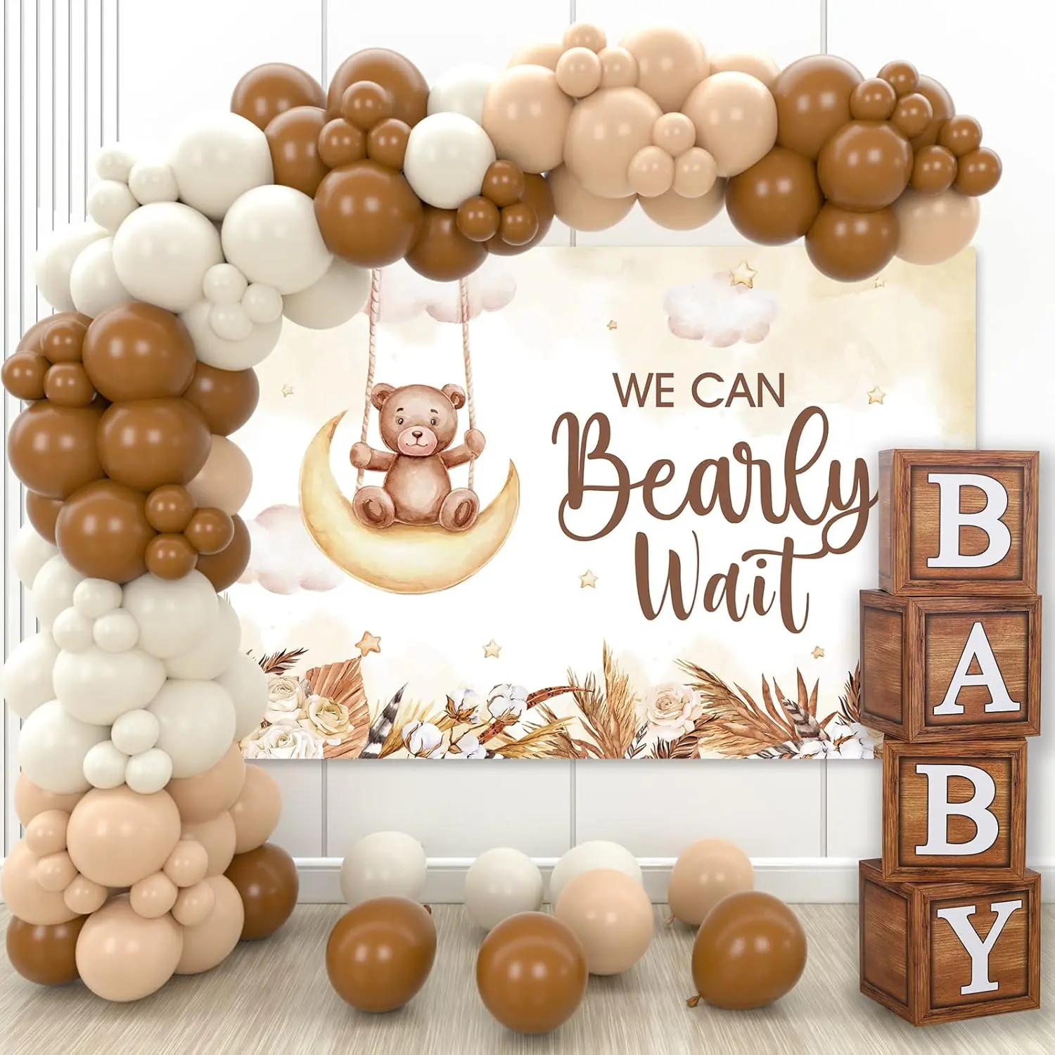 Boho Teddy Bear Baby Shower Party Decorations Kit - Foldable Eco-Friendly Paper & Wood Grain Letter Boxes, 90PCS Nude & Brown Balloons, "We Can Bearly Wait" Backdrop, Easy Install DIY Garland, Photo Props, Gifts for Birthday & Baby Shower