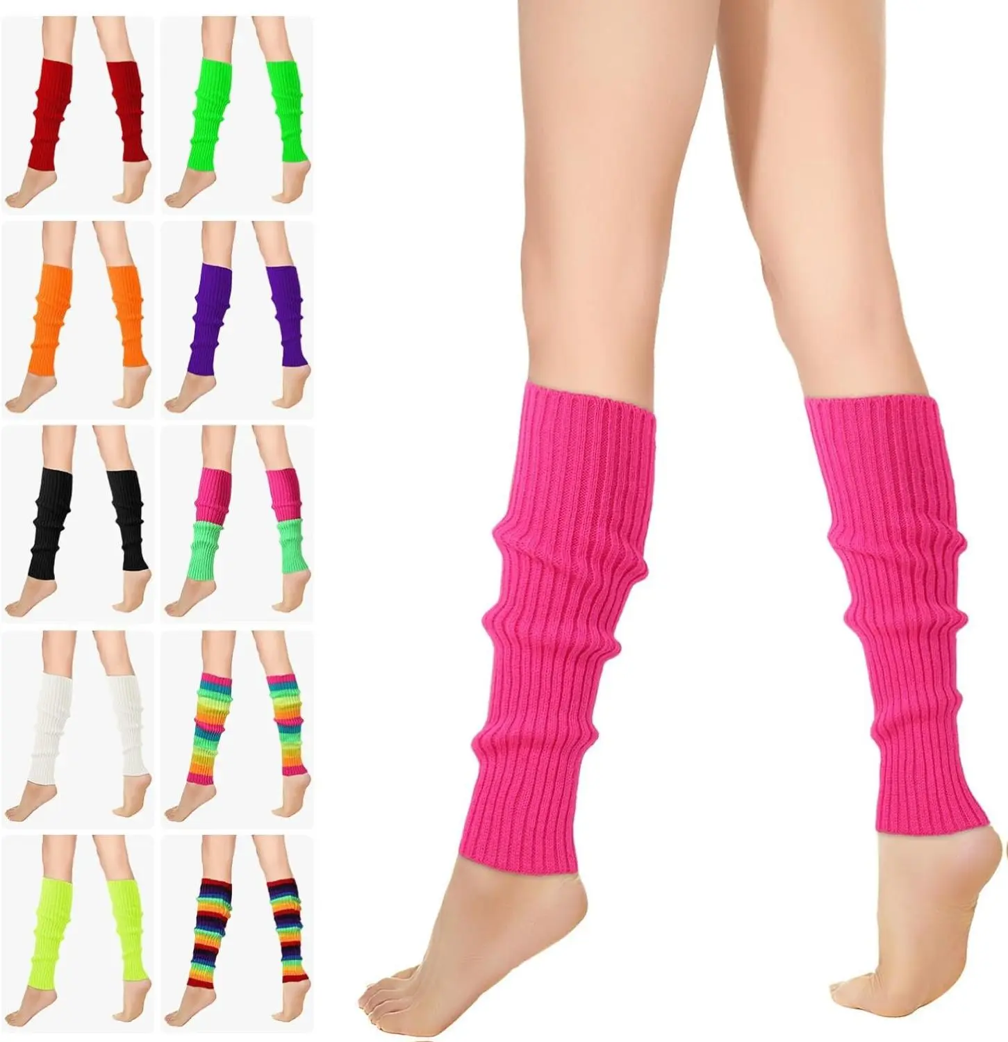 80s Style Leg Warmers for Women, Chic Neon Ribbed Knit, Breathable Acrylic Crochet for Party & Everyday Wear, Casual, Retro