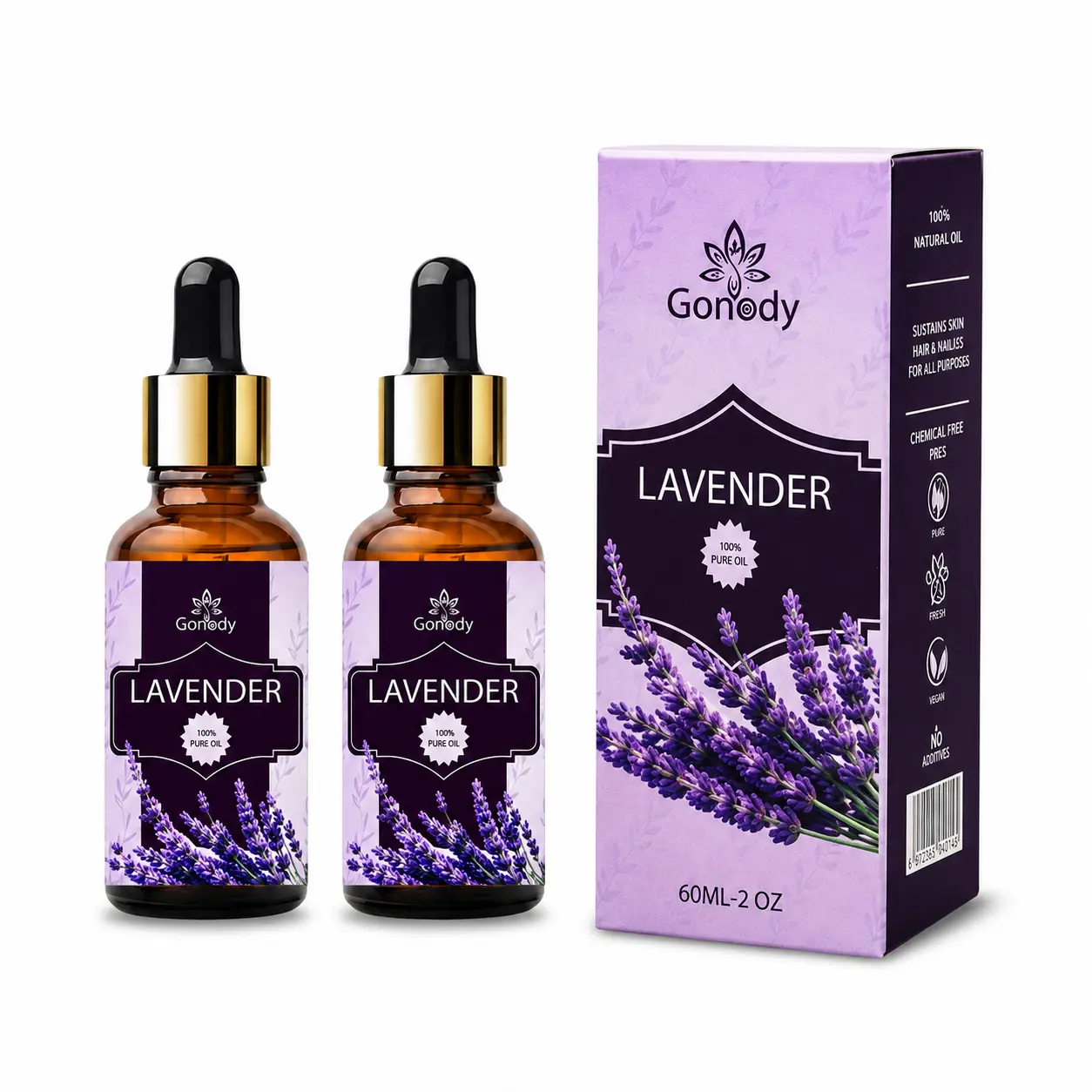 100% Pure Lavender Essential Oil 2 Pack - Calming & Hydrating Moisturizer for Body Care, Aromatherapy & Massage, Lightweight Formula, 60ml, Lavender Body Oils, Facial Massage Body Oils