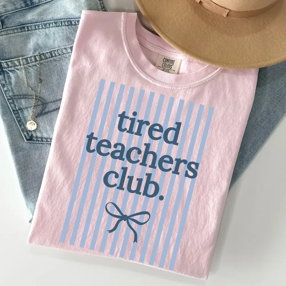 Comfort Colors Tired Teachers Club T-Shirt, Striped Teacher Tee, Funny Educator Tee, Preppy TShirt, Retro Trendy T-Shirt, Gift for Her
