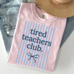 Comfort Colors Tired Teachers Club T-Shirt, Striped Teacher Tee, Funny Educator Tee, Preppy TShirt, Retro Trendy T-Shirt, Gift for Her