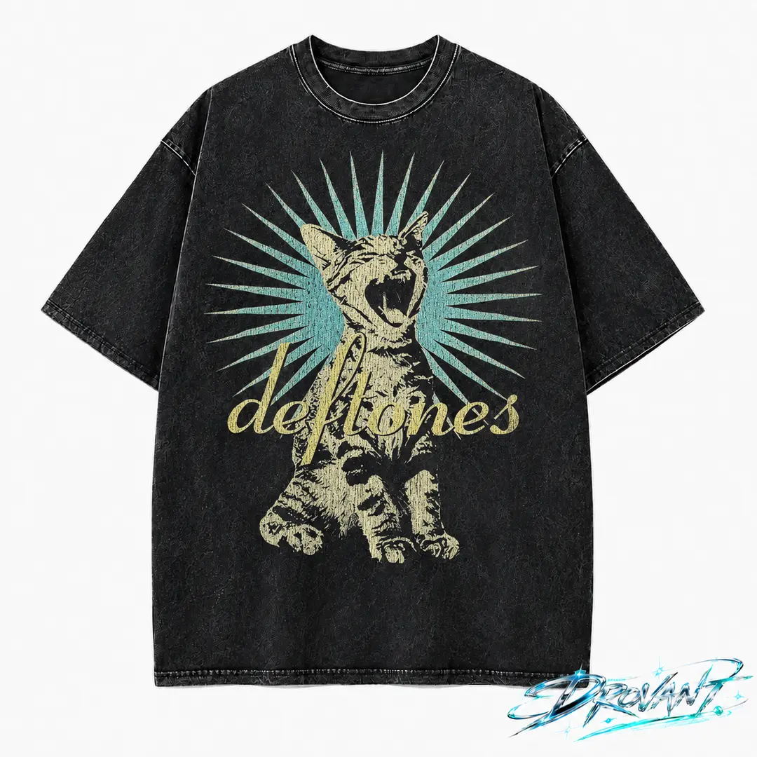 Deftones Cat Vintage Acid Wash Oversized T Shirt, Unisex streetwear y2k clothing graphic tee, A comfortable summer gift oversize wash vintage metal