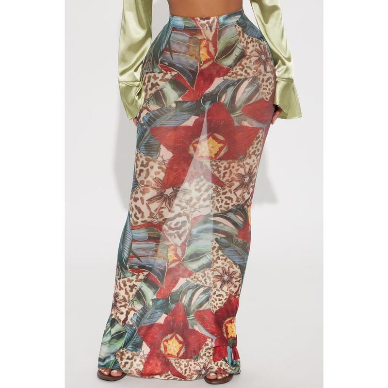 In Full Bloom Mesh Maxi Skirt - Brown/combo