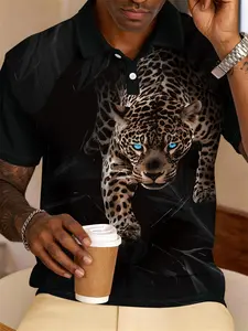 Men's Summer Fashion Business Style Polo Shirt, Black Panther 3D Realistic Print Trendy Polo Shirt, Casual and Uninhibited, Suitable for Fitness and Avant-garde Style, Ideal for Business, Golf, Spring and Summer Outdoor Sports Wear
