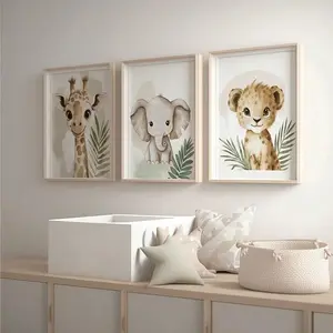 Three-Piece Frameless Elephant Leopard Giraffe Children Wall Art Decor, Canvas Print Cartoon Style, Living Room Bedroom Home Decoration