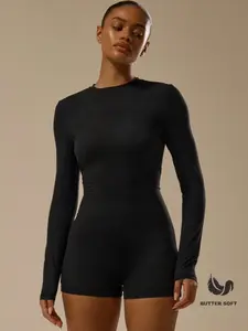 Women's New Casual Slim Fit Round Neck Long Sleeve Mini Short Backless Zip Jumpsuit, Elegant Basic, Sexy Soft Smooth