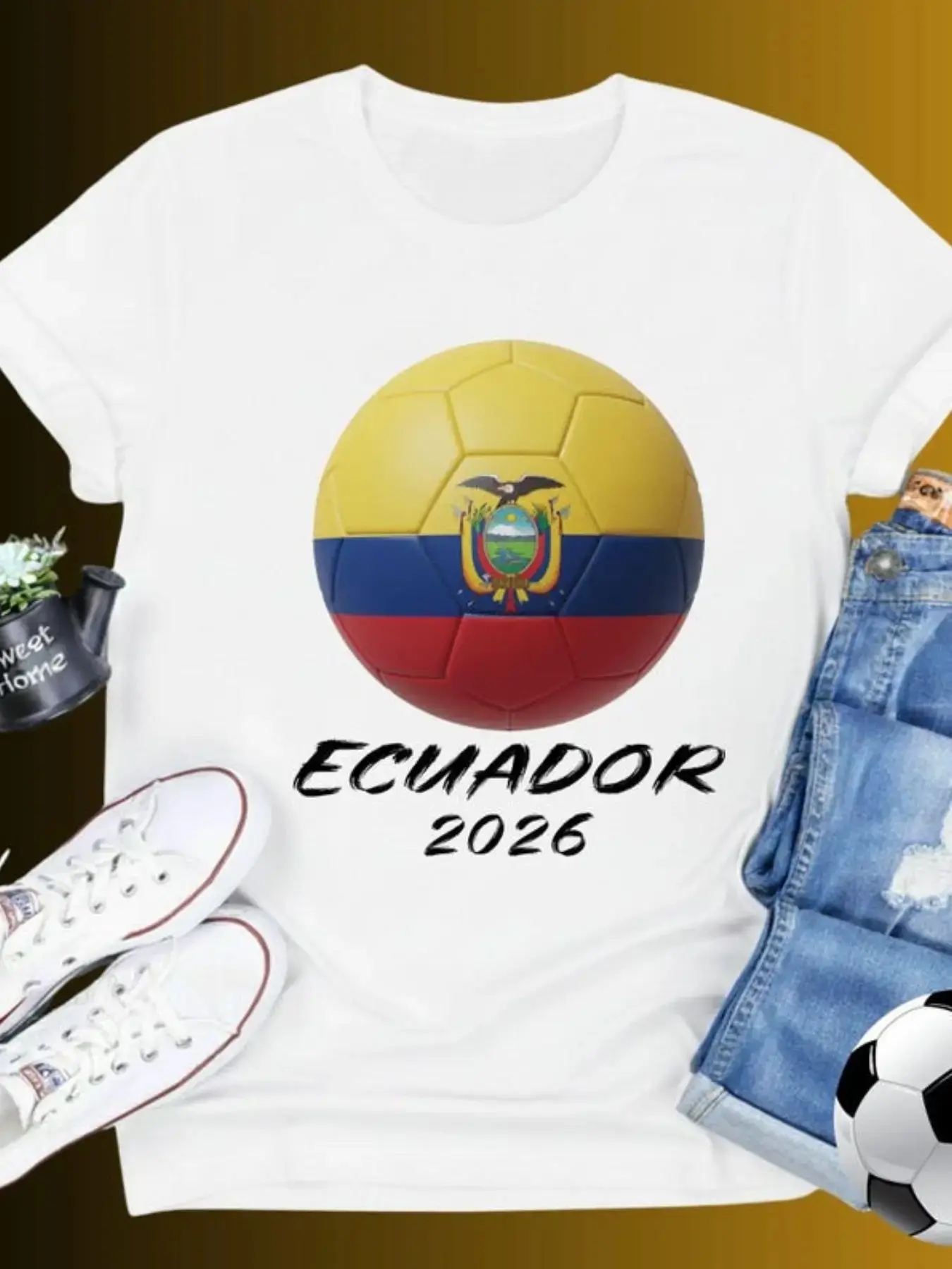 Ecuador Football Soccer Fan T-Shirt, Long Sleeve Casual Top, Baggy Loose Fit, Print Pattern, Unisex Sportswear for Men & Teens PO