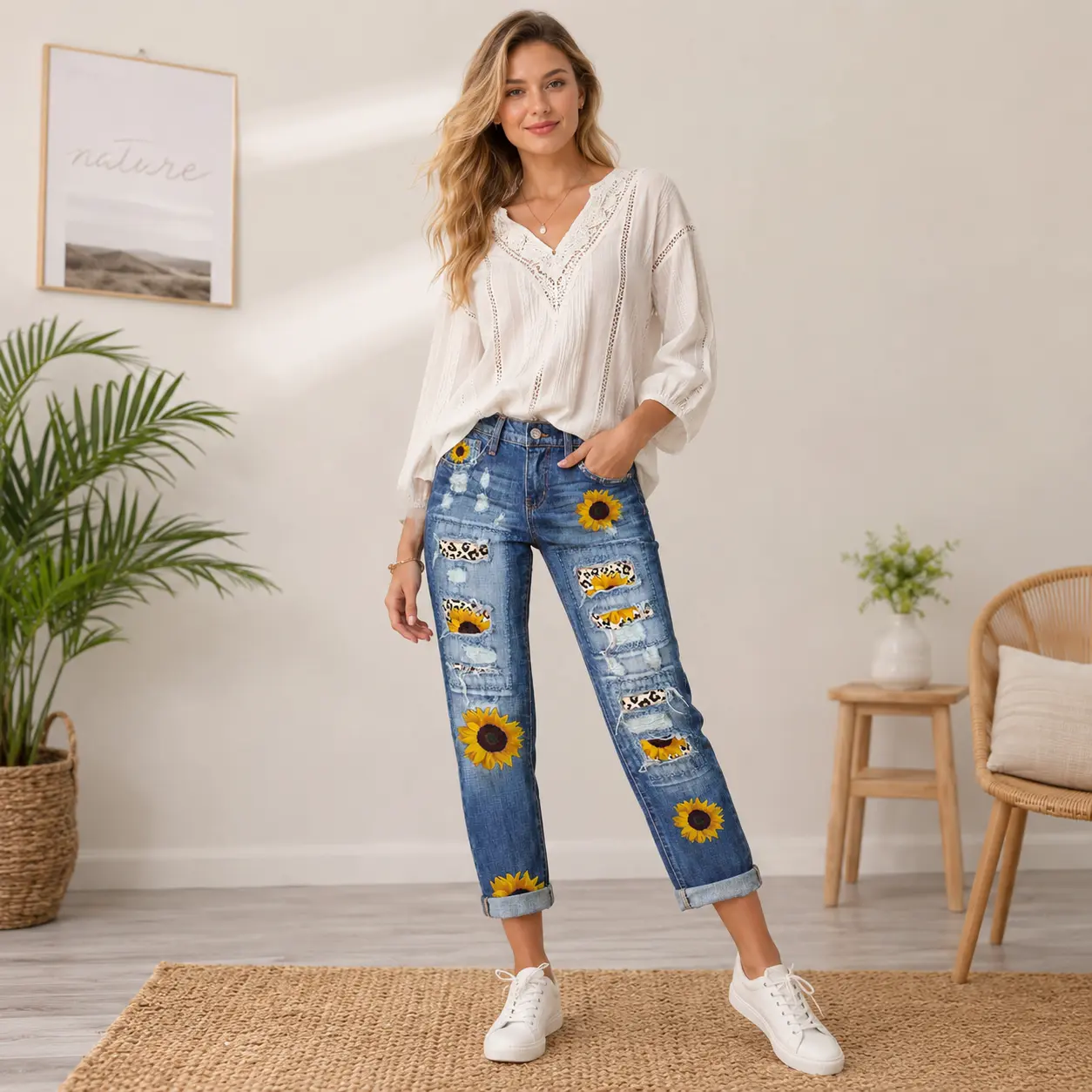Women's Streetwear Jeans with Sunflower Leopard Patchwork, Ripped Straight-Leg Button Fly Denim Bottoms, Bottom, Valentines Day