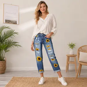 Women's Sunflower Patchwork Jeans - Ripped, Rolled Hem - Cool Girl Street Style Essential Piece for Concerts, Hangouts