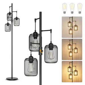 DEMILARE Black Floor Lamps for Living Room, Dimmable Gold Floor Lamp with Cage Shade 70'' Standing Lamps for riday, ChristLiving Room Corner Floor Lamp with 3 LED Bulbs Rustic Floor Lamp for Bedroom Office,decoratio,SpringGlowUp