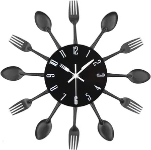 Timelike Kitchen Wall Clock, 3D Removable Modern Creative Cutlery Kitchen Spoon Fork Wall Clock Mirror Wall Decal Wall Sticker Room Home Decoration (Black)