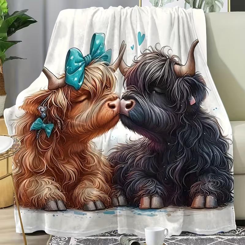 Highland Cow Pattern Soft Blanket, Cow Print Blanket, Cool Bedroom Bedding Blankets, Air-conditioned Room Blanket, Warm Nap Blanket for Home Office Travel Camping